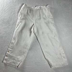 Chico’s White Linen Cropped Capri Pants Elastic Waist Button Hem Size 14